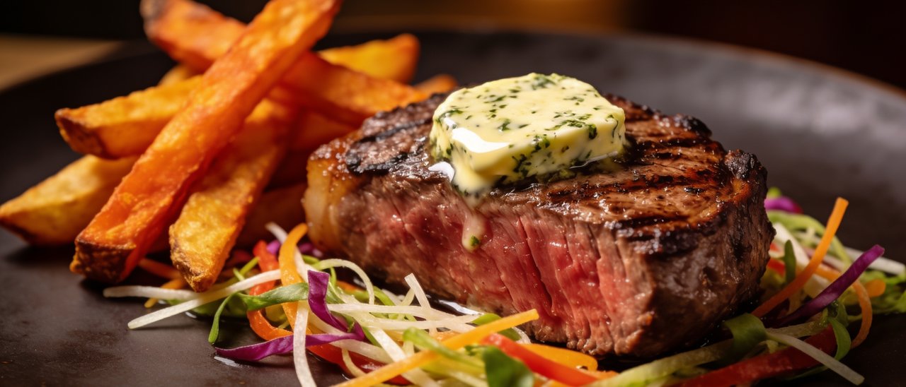 Rinderfilet mit Kräuterbutter, Süßkartoffelpommes und Julienne-Gemüse