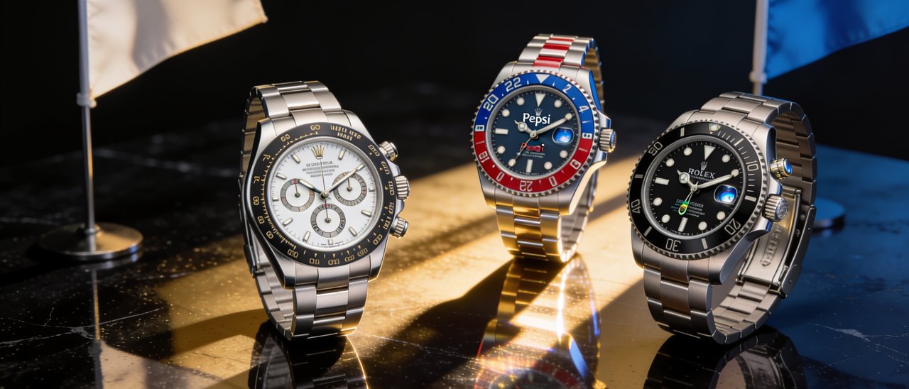 Rolex Daytona, GMT-Master Pepsi und Deepsea als Werbefoto arrangiert