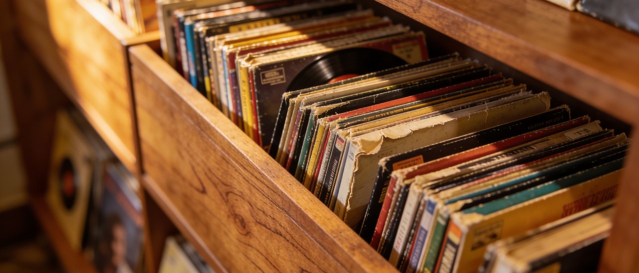 Blick von oben in einen prall gefüllten Plattenschrank