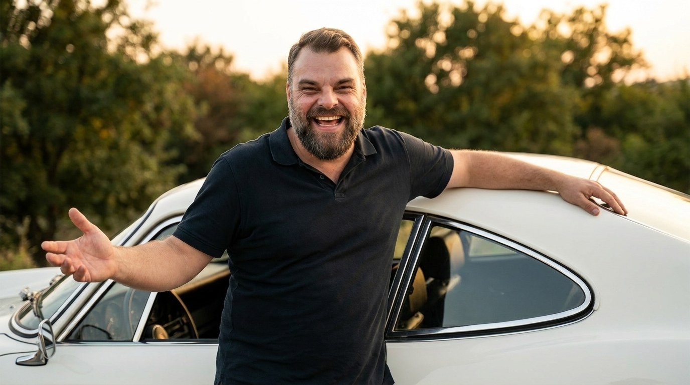 Christian Rill lachend an einem klassischen Oldtimer-Coupé