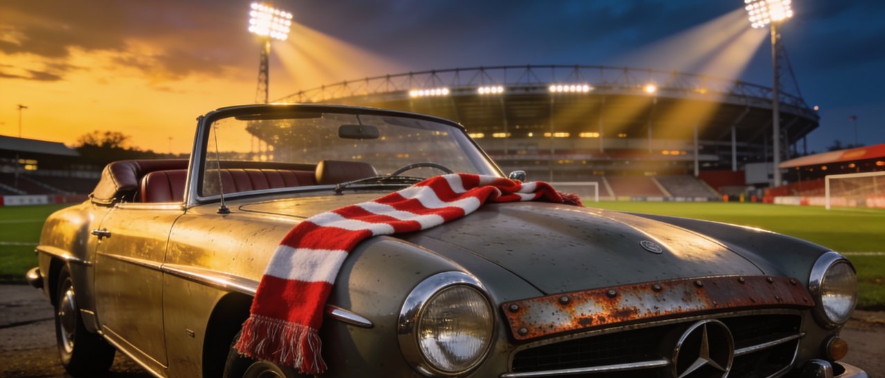 Oldtimer vor einem Fußballstadion im Abendlicht