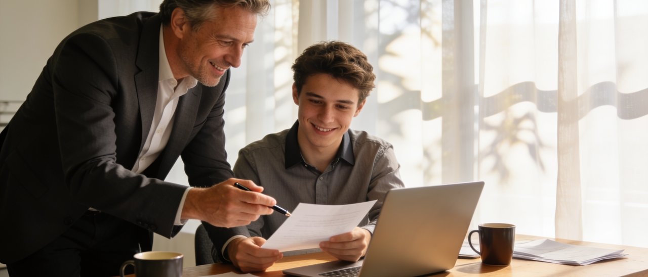 Mentor erklärt einem jungen Menschen etwas am Schreibtisch