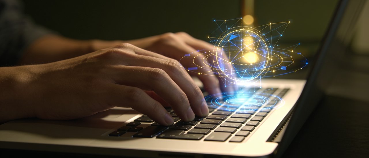 Laptop mit KI-Visualisierung im dunklen Arbeitsraum